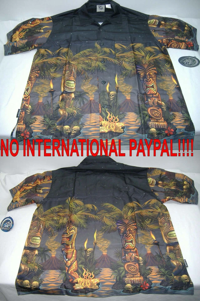 New Mens Rare Rick RIETVELD USA SMALL Tiki Palms Black Button Camp Shirt $62 - Image 1 of 1