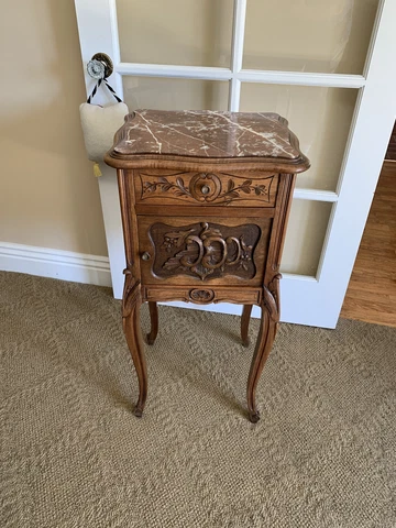 Antique French Carved Marble Top Walnut End Side Stand Table Nightstand Cover
