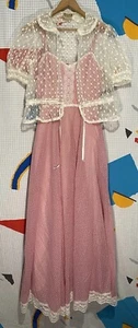 Vestido Gunne Sax Vintage Años 70 9 Corpiño Maxi Perla Pradera Estampado Lazo Top Encaje Transparente - Imagen 1 de 23