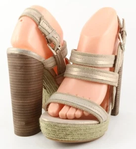 $150 LUXURY REBEL JOLIE Gold Leather Fabric Designer Heels Sandals 7 EUR 37.5 - Picture 1 of 4