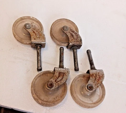 Lot of 4 - Antique Vintage Metal Steel Stem Plastic Wheels  Caster Wheels 2" Cover
