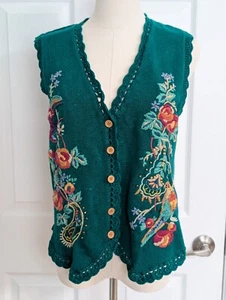 Vtg Pheasant Koret Wool Blend Small Grandma Hand Embroidered Cardigan Vest Green - Picture 1 of 13