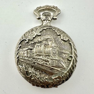 Milan Pocket Watch Quartz Japan Movement Train Locomotive Hunter Case Silver - Picture 1 of 8