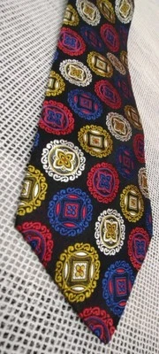 Mens Vintage 70s WIDE TIE Coins Red Gold Blue 100% Chinese Silk GOLDEN GAP TIE - Image 1 of 4