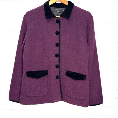 Chaqueta De Colección Diseño Islandés 100% Lana Para Mujer M Ciruela Terciopelo Borde Vacaciones Lujo Foto 1 de 4