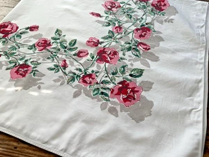 Vintage Simtex Table Cloth 46X50 Floral Print Pink Long Stem Rose Flowers Cotton - Picture 1 of 11
