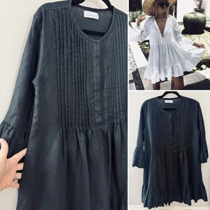 Vestido Camisa LJC 100 % Lino Lagenlook Resortwear Minimalista Plisado Volantes Negro M - Imagen 1 de 11