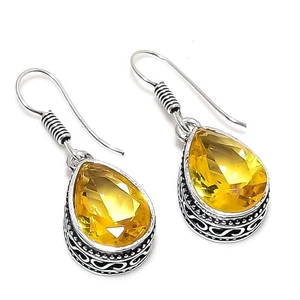 Citrine Gemstone Handmade  925 Sterling Silver Jewelry Earrings Size 1.5" - Picture 1 of 1