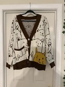 Kitty Cat Kawaii süße braun/cremefarbene Strickjacke Damen Large - Bild 1 von 5