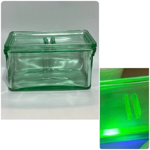 Vtg Green Uranium Refrigerator Dish W/ Lid Cover Depression Glass Rectangular - Picture 1 of 20