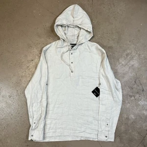 Saks Fifth Avenue Linen Sweatshirt Hoodie Mens Med Beige 1/4 Button Drawstrings - Picture 1 of 9