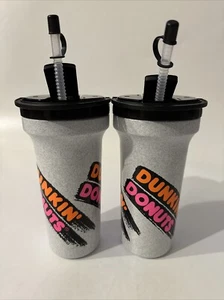 2 Vintage NEW Dunkin Donuts 48oz Cup Travel Tumbler Straw Lid Rare USA Plastic - Picture 1 of 11