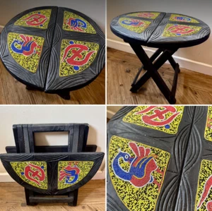 West African Hand Beaded Ethnic Carved Wooden Folding Foldable Round Carry Table - Picture 1 of 9