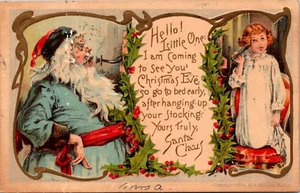 SANTA CLAUS IN BLUE SUIT TALKS ON TELEPHONE TO GIRL EMBOSSED CHRISTMAS POSTCARD - Picture 1 of 2