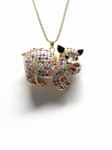 Betsey Johnson Necklace Gold Pig Multi Color Crystals Gift Box Organza Bag Lk - Picture 1 of 12