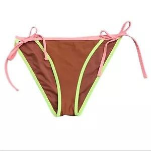 NUEVO aerie Marrón Corbata Cintura Bikini Parte Inferior Natación Calzoncillos Tirantes Talla L Borde Neón - Imagen 1 de 7