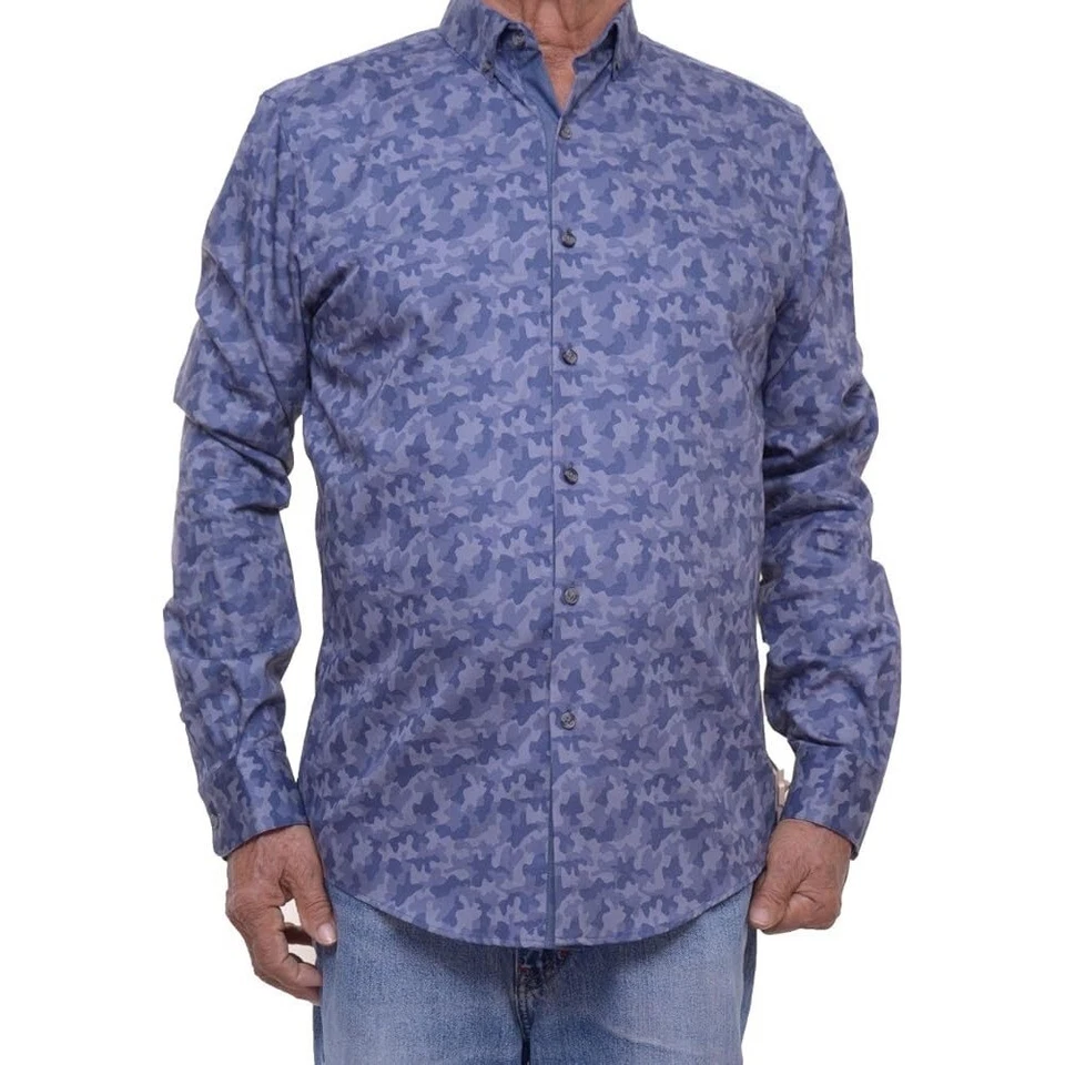 Camisa Camuflada Bar III Para Hombres Talla Pequeña Calce Ajustado Abotonada Ropa de Calle Azul Artístico NUEVA Foto 1 de 4