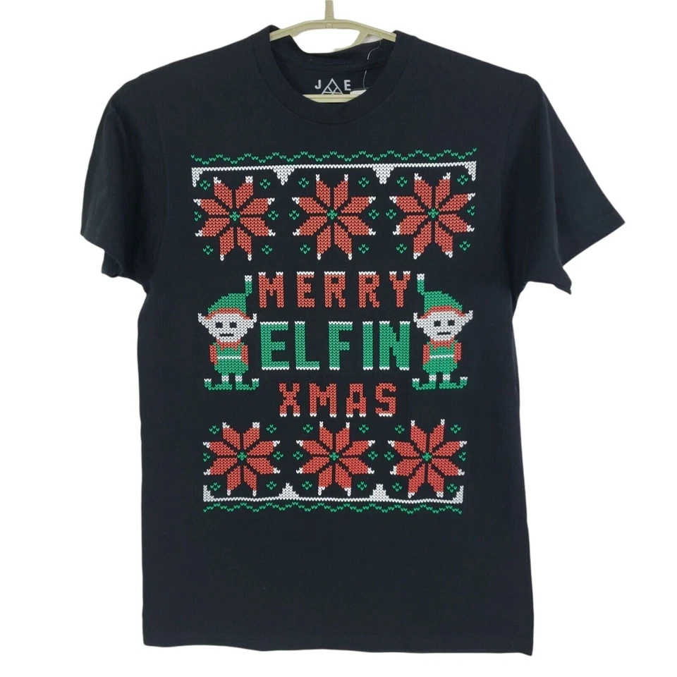 JEM Collective Black Mens Size Medium M Merry Elfin Xmas Tee T-Shirt #263