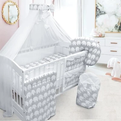 Baby Bedding Set Essential 17pc Cot with Drawer and Mattress Elephants Grey - Image 1 of 4