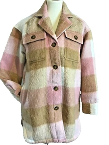 Old Navy Womens Small Pink Tan Wool Blend Long Utility Plaid Jacket Shacket Coat - Picture 1 of 5