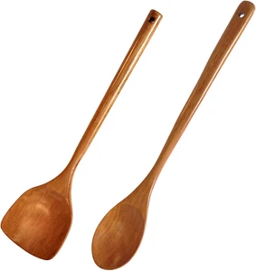 Large Wooden Kitchen Utensils - 16.5Inch Extra Long Handle Spoon and Spatula Set - Picture 1 of 12