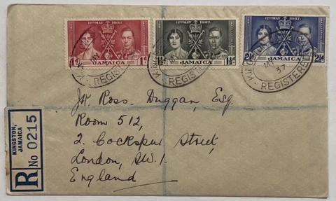 1937 JAMAICA REGISTERED CORONATION COVER SENT TO LONDON ENGLAND UNIQUE BACKSTAMP Cover