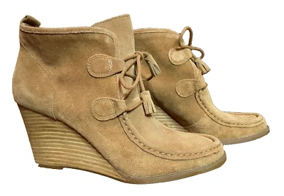 Lucky Brand Yaney Leather Suede Wedged Ankle Tassel Lace Moccasin Booties Tan 9 - Image 1 of 4