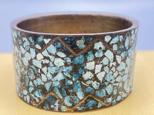 Turquoise Inlaid East Indian Brass Chip Bracelet Rare Beauty Vintage Mosaic - Picture 1 of 5