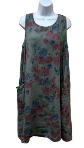 Cut Loose Linen Floral Garden Lagenlook Artsy Midi Dress Pockets Oversized L - Picture 1 of 10