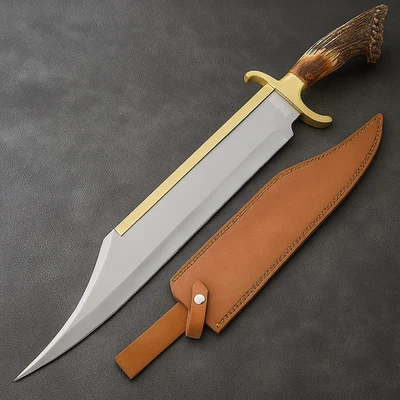 Handgemachtes Jagdmesser Bowie Messer| Griff echtem Hirschhorn & Lederscheide - Bild 1 von 4