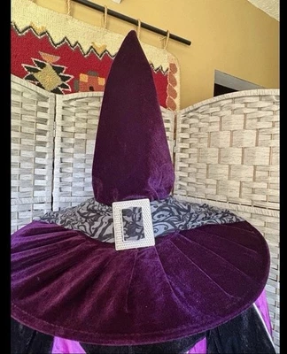 UNIQUE ~ Purple Halloween Witch Hat With Hallmark Black Cat Scarf Silver Buckle - Image 1 of 4