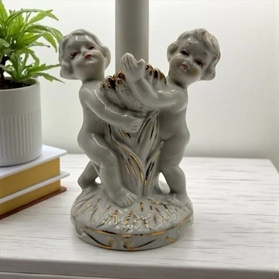 ANGEL CHERUB PUTTI Vintage Table LAMP Double Figure Holding Cornucopia No Shade - Image 1 of 4