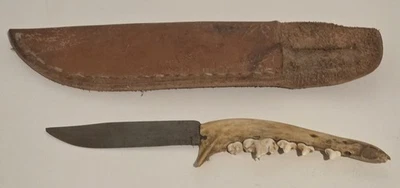 Faca de mandíbula vintage antiga primitiva animal com bainha de couro  - Imagem 1 de 4