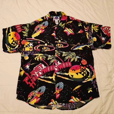 Camisa Hawaiana Planet Hollywood De Colección Para Hombres Grande Tiburón Espacial Estampado por Todas Partes Años 90 Foto 1 de 4