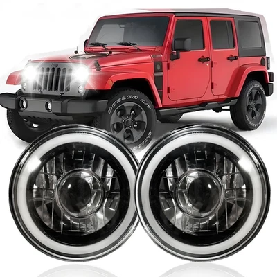 Pair 7" Inch Round Halo Headlight Headlamps For Jeep Wrangler JK TJ LJ CJ Trucks - Image 1 of 4