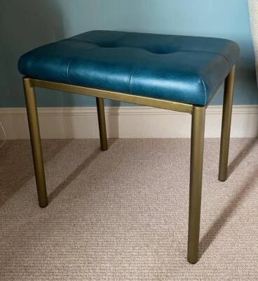Ocean Blue Leather Foot Stool - Upholstered Seat - Gold Iron Legs - Image 1 of 4