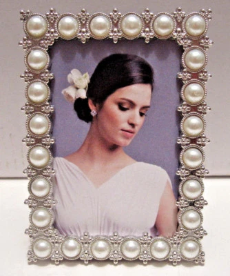 2x3" Silver Tone White Pearl Metal Bridal Wedding Picture Photo Frame 2X3" NEW  - Image 1 of 4