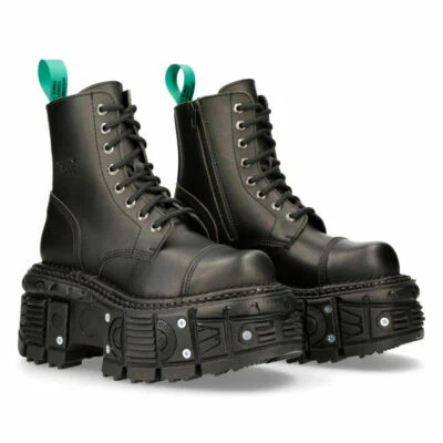 NEW ROCK BOOTS TANKMILI083C-V2 VEGAN Leather Combat Black Platform Biker Shoes - Image 1 of 4