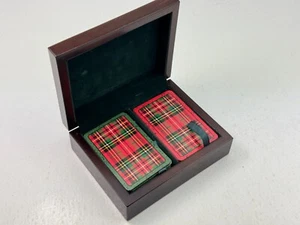 Vintage Inlay Brass Suits Wood Box Holder Playing Cards 2 Deck Poker Scottish - Picture 1 of 6