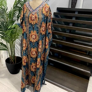 XXXL-XXXXXL Plus Size Women Embellished Silk Mix Long Kaftan/ Resort Wear V Neck - Picture 1 of 7
