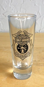 HARLEY DAVIDSON Cycles Crisa 4.25" tall SHOT GLASS Clear BLACK Logo Firefighter - Picture 1 of 7