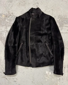 AW2012 Emporio Armani Asymmetrical Zip Black Pony Hair Leather Jacket (M) - Picture 1 of 12