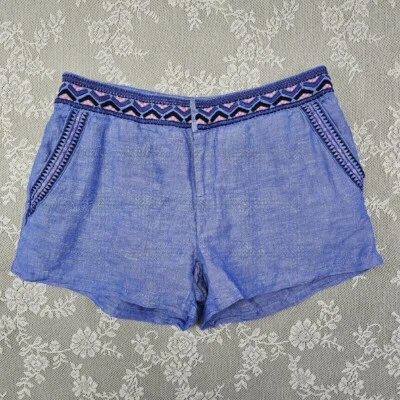 Shorts feminino Vineyard Vines mistura de linho 10 bordado elástico cintura azul boho - Imagem 1 de 4