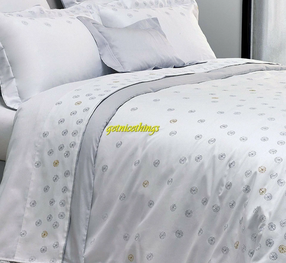 Yves Delorme NEIGE White Gold Silver Embroidery Reversible Queen Duvet Cover