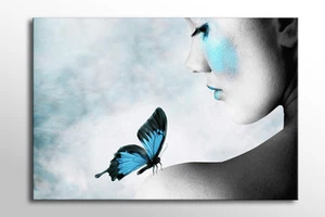 LARGE BEAUTIFUL BLUE BUTTERFLY GIRL CANVAS WALL ART STUNNING PICTURE NEW PRINT - Picture 1 of 2