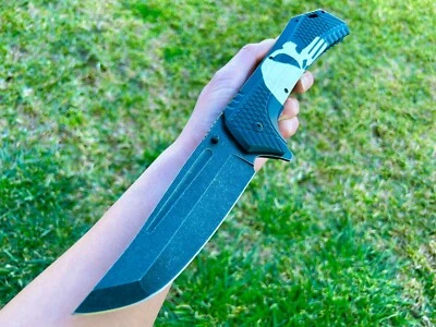 12.25” Giant Skull Punisher Tactical Spring Assisted Open Blade Pocket Knife - Image 1 of 4