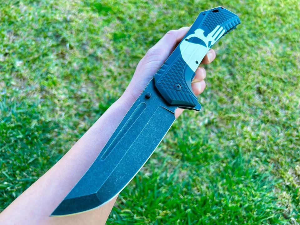 12.25” Giant Skull Punisher Tactical Spring Assisted Open Blade Pocket Knife - Image 1 of 4