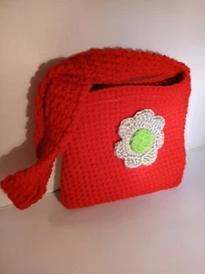 Child's crocheted red purse with gray and green flower. - Picture 1 of 2