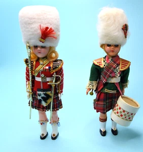 PAIR vtg Scottish Souvenir 8” Celluloid dolls Plaid Kilt Sleepy Eyes - Picture 1 of 4
