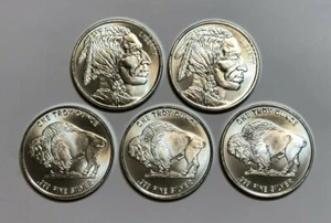 Lot of FIVE 1 oz .999 Fine Silver Buffalo Nickel Design Round, Radial Lines BU - Picture 1 of 12